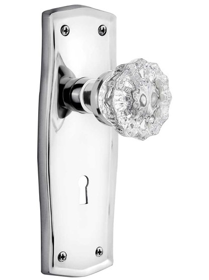 Prairie Style Door Set With Fluted Crystal Glass Door Knobs in Polished Chrome .